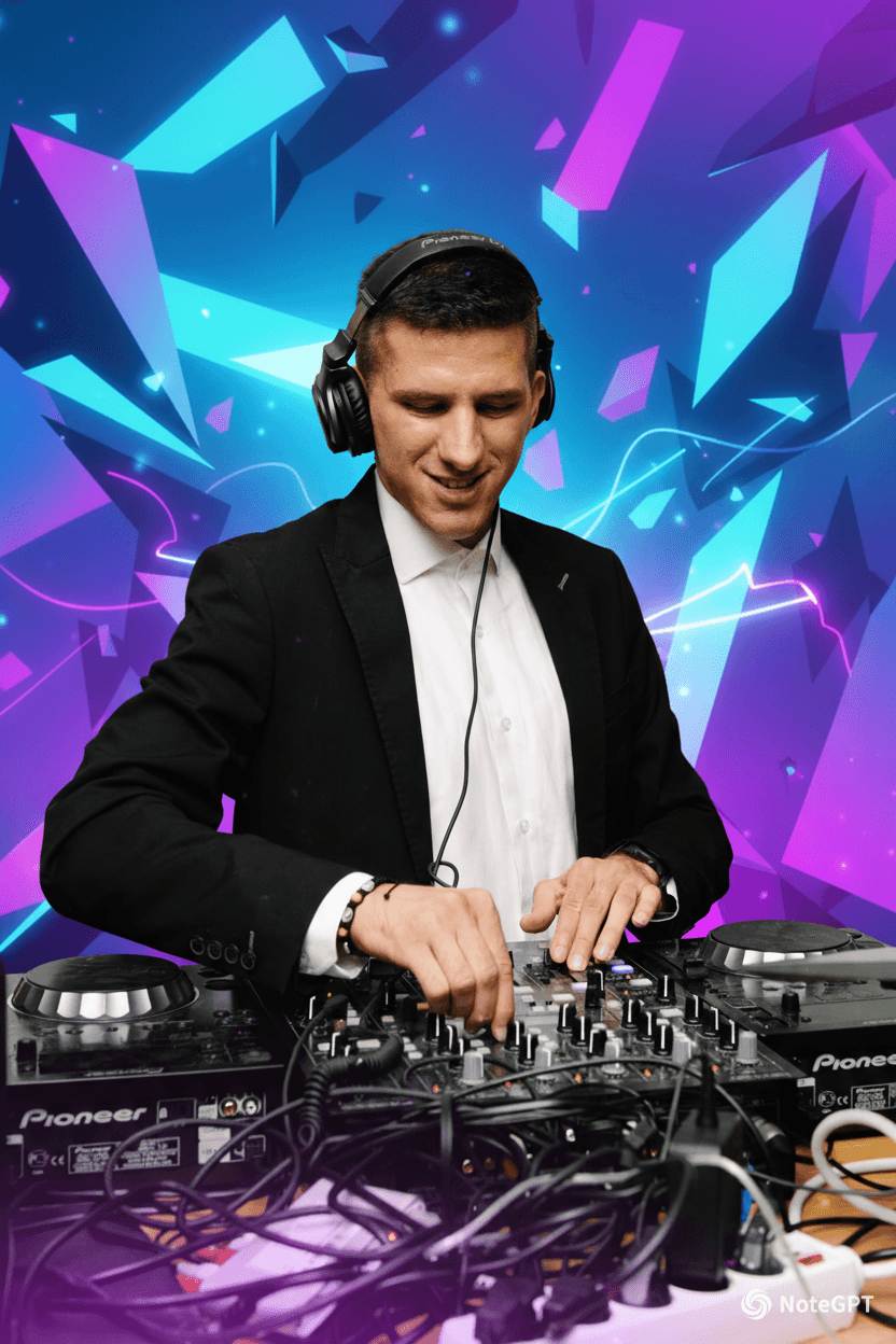 DJ Domza za mikserom u profesionalnoj pozadini